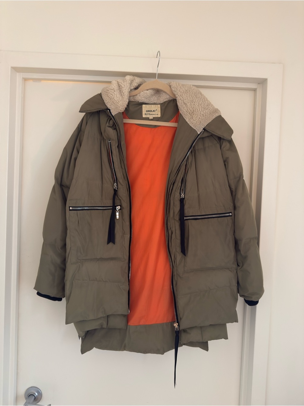 OROLAY Women's Olive Sherpa-Lined Puffer Jacket (M)